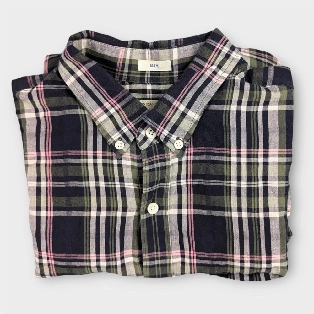 J. Crew Indian Madra Slim Fit Shirt Mens Large Green Blue Gray Plaid Pattern